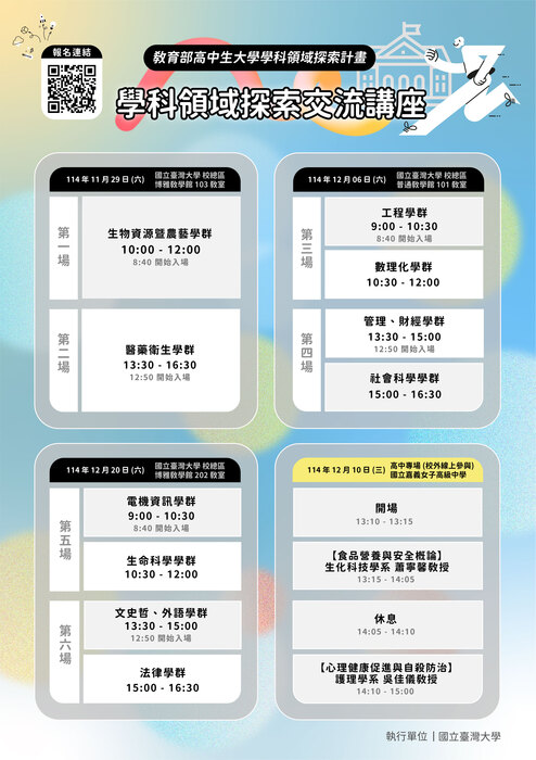 轉知教育部委託國立臺灣大學辦理「大學學科領域探索交流講座」圖片