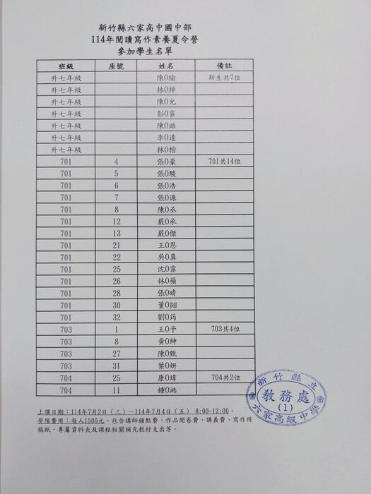 【營隊資訊】114年「國中部」閱讀寫作素養夏令營錄取名單(6/30更新新生繳費地點)圖片