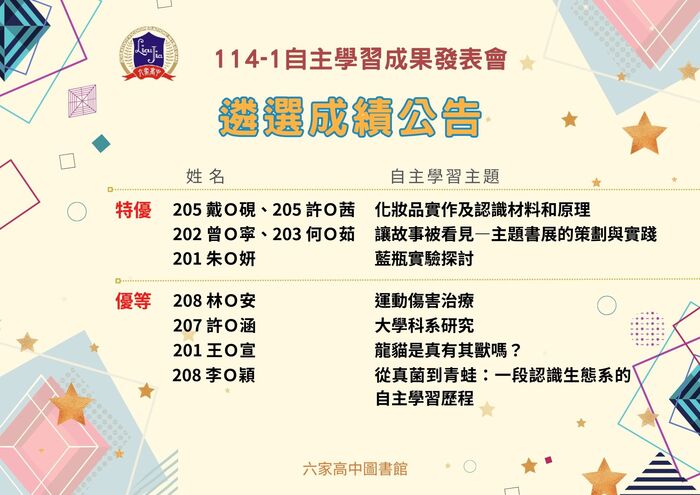 114-1 六家高中校內自主學習成果發表會 遴選成績公告圖片