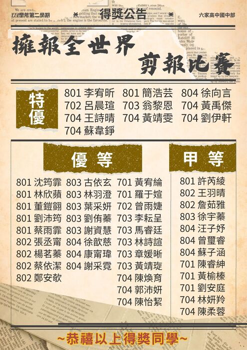 【榮譽榜】114學年度【擁報全世界】剪報比賽 得獎名單圖片